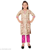 Chanderi cotton blend printed kurti and trousers set for girls, A-line shape with three-quarter sleeves. Available sizes: 5-6, 6-7, 7-8, 9-10 years. Indian origin