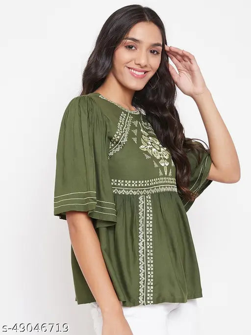 WineRed and green embroidered rayon A-line top for office and casual wear, short sleeves, lightweight and soft against skin