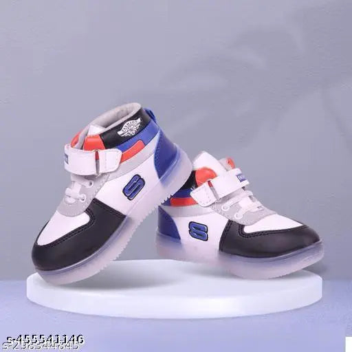 Stylish synthetic LED light shoes for kids in various sizes, featuring velcro fastening and printed net pattern