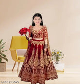 Velvet red Lehenga Choli, trending Indian designer wear with embroidered detail, ideal for special events