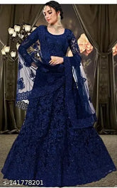 Blue embroidered semi-stitched Lehenga Choli set with net fabric, embellished dupatta from India