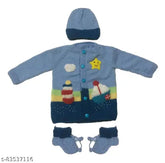Multicolor hand-knit wool sweater set for babies (0-6 months) with cap and booties, featuring high-quality Vardhman wool