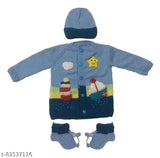 Multicolor hand-knit wool sweater set for babies (0-6 months) with cap and booties, featuring high-quality Vardhman wool