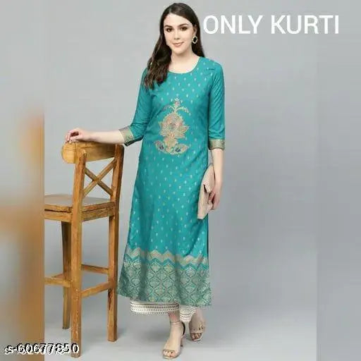 Printed Rayon three-quarter sleeve Jaipuri kurta with vibrant prints, available in sizes S-XXXL for Indian women