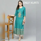 Printed Rayon three-quarter sleeve Jaipuri kurta with vibrant prints, available in sizes S-XXXL for Indian women