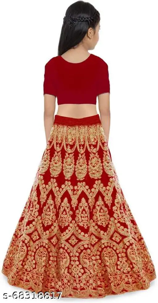 Red satin lehenga-choli set with net dupatta, intricately embroidered for kids, high quality semi-stitched Indian wedding outfit