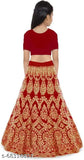 Red satin lehenga-choli set with net dupatta, intricately embroidered for kids, high quality semi-stitched Indian wedding outfit