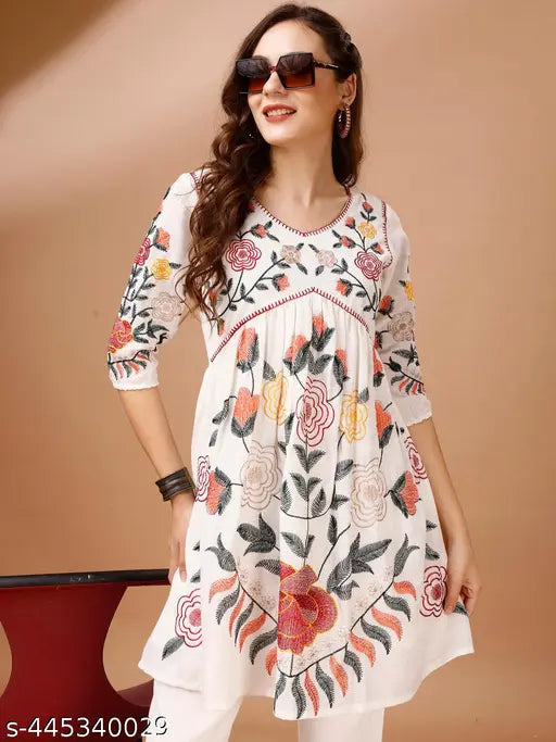 Off-white linen flared tunic & trouser coord set, intricate multi-thread embroidery, India origin