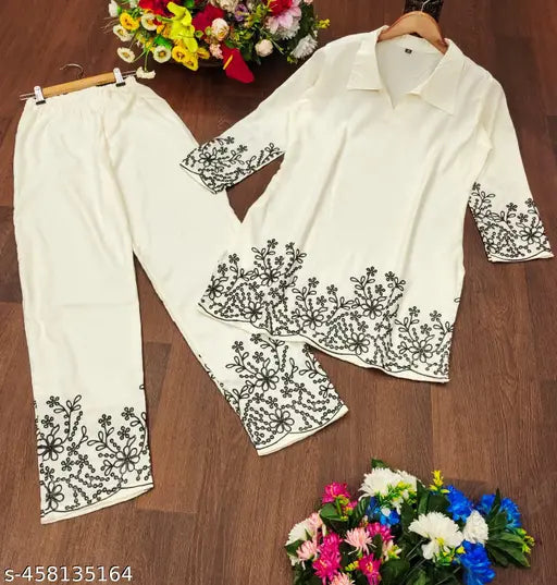 Trendy rayon embroidered top and bottom set, long sleeves, available in sizes S-XXXL. Indian handcrafted ethnic wear for women