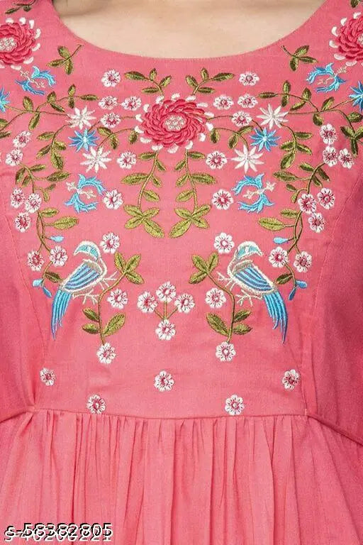 Embroidered A-line rayon kurta with three-quarter sleeves, vibrant pink and intricate patterns. Size M (38in bust), suitable for women's fashion from India
