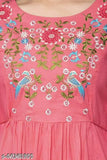 Embroidered A-line rayon kurta with three-quarter sleeves, vibrant pink and intricate patterns. Size M (38in bust), suitable for women's fashion from India