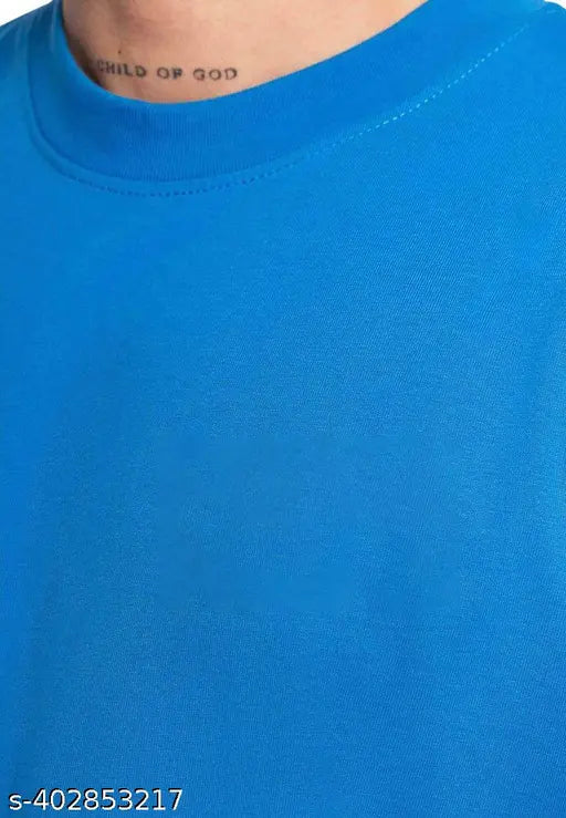 Royal Blue oversized cotton blend unisex t-shirt, three-quarter sleeves, printed net pattern
