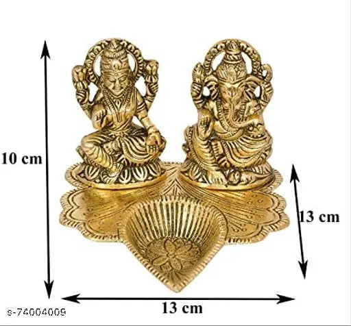 Gold-toned brass Ganesh Laxmi idol with oil lamp, Indian decorative showpiece - 10cm