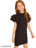 Black high-low nylon maxi dress for kids, knee-length A-line with short sleeves