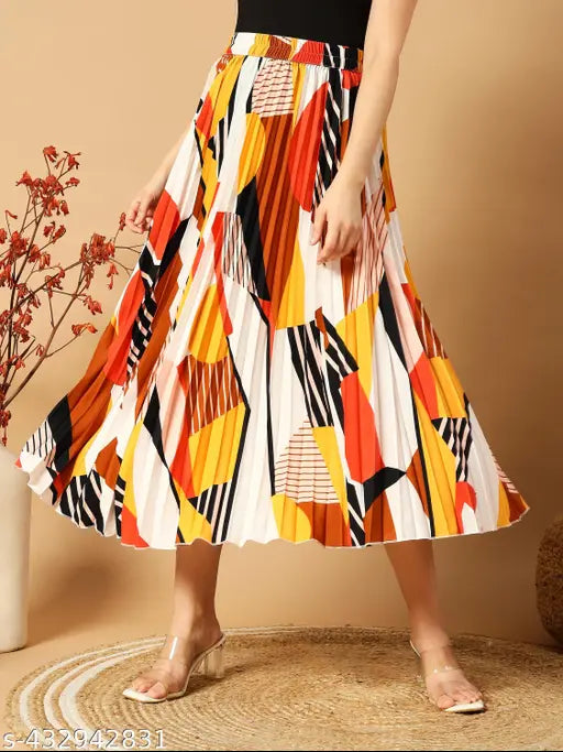 Geometric-printed crepe midi skirt for women, elastic waist, pleated A-line design. Western wear with printed net fabric, suitable for work, casual outings, and events. Available in various sizes (26, 28, 30, 32, 34, 36, 38) from India