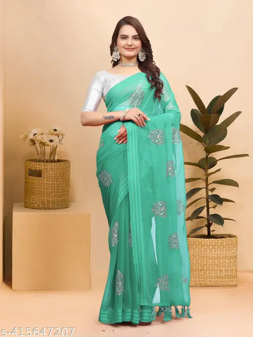 Chiffon embroidered Simmer saree with separate mattee silk blouse, Indian partywear fashion