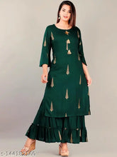 Dark green viscose rayon flared hem kurta set with sharara bottom, three-quarter sleeves, gold printed below knee length, women's ethnic wear from India