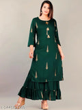 Dark green viscose rayon flared hem kurta set with sharara, three-quarter sleeves, gold printed below knee length, women's fashion, Indian origin