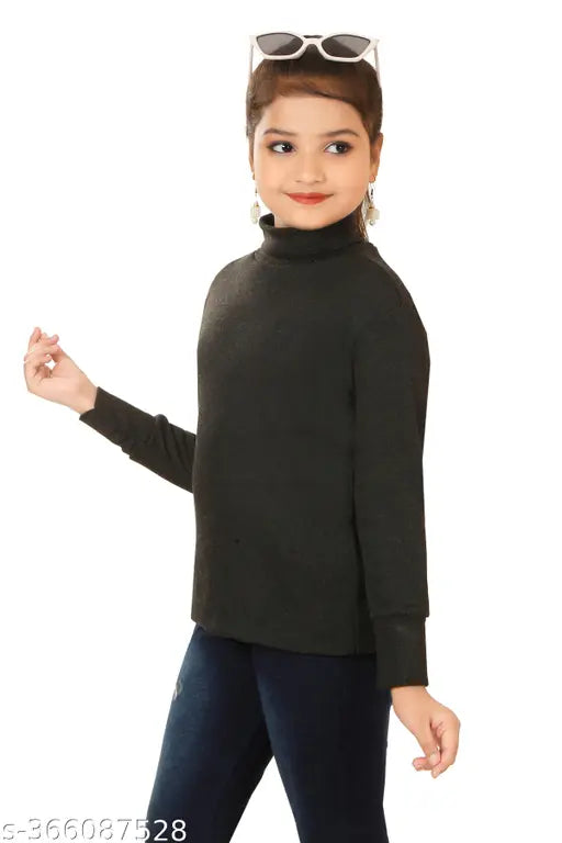 Black cotton blend highneck sweater for girls, solid design suitable for cold climates and winter, size 4-5 years origin India
