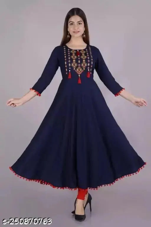 Blue embroidered viscose rayon Anarkali kurta, intricate embellishments, perfect for weddings and festive occasions