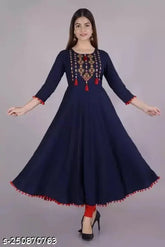 Blue embroidered viscose rayon Anarkali kurta, intricate embellishments, perfect for weddings and festive occasions
