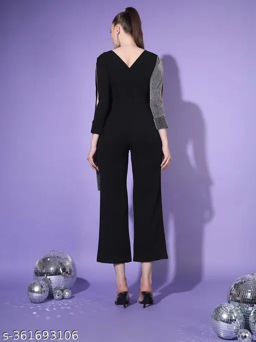 Long sleeve crepe dupatta jumpsuit in solid net, Indian-origin fashion for parties