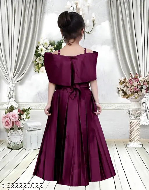 Stylish solid purple silk blend gown dress for girls (printed net), short sleeves, 3-4 years size