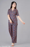 Women's printed rayon blue night suit set, art silk top and rayon bottom, short-sleeved, printed pattern on display