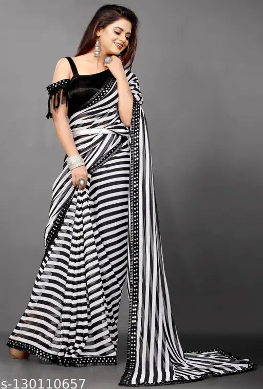 Black and white striped Georgette Bollywood saree with separate Banarasi silk blouse, featuring floral and embroidery details, perfect for festive occasions
