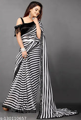 Black and white striped Georgette Bollywood saree with separate Banarasi silk blouse, featuring floral and embroidery details, perfect for festive occasions