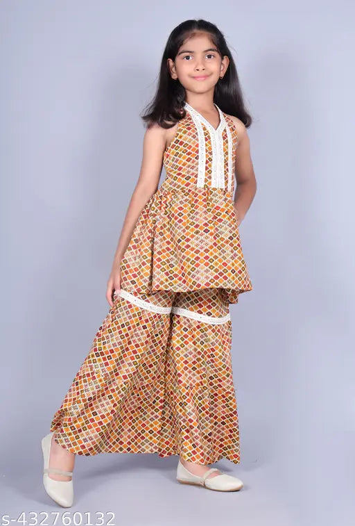 Misbis Girls Rayon Printed kurta and Shrara Set - A-line rayon top with sleeveless design, above knee length, in various sizes for girls aged 1-12 years old. Indian traditional clothing set without dupatta