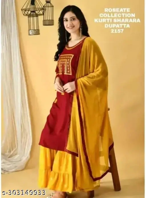 Rayon embroidered kurta, sharara with dupatta, women's fashion set in India