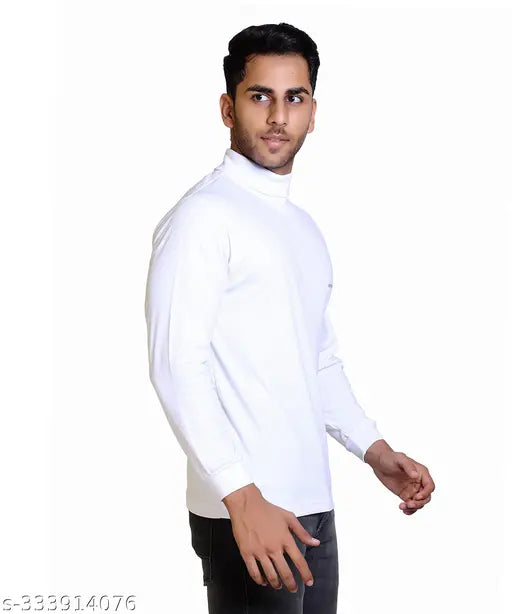 Cotton Rich High Neck T-Shirt (Plain White) - Solid color, long sleeves, versatile for all seasons, crafted from quality cotton blend, made in India