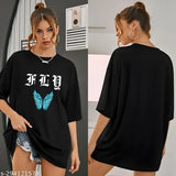 White printed oversized round neck cotton blend T-shirt for women, featuring full-sleeve and on-trend fashion design