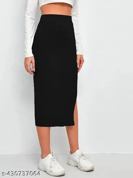 High-waisted black polycotton pencil midi skirt with side slit, versatile for any occasion. Size 26/28/30/32/34/36. Luxurious comfort and timeless appeal