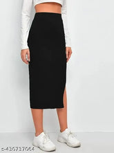 High-waisted black midi skirt with side slit, elastic waist and pull-on design. Luxurious polyester lycra for comfort and durability. Perfect for various occasions and versatile styling options. Black skirt shapewear, size 26-36 (Waist: 26-36in, Length: 32in, Hip: 34-44in). Made in India