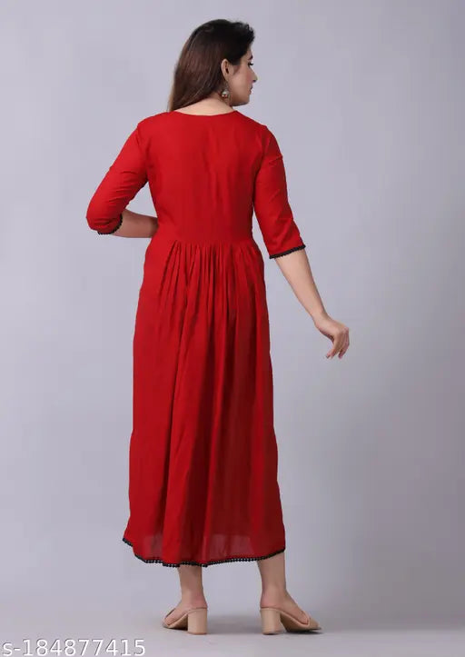 Maroon rayon embroidery kurti, A-line style with three-quarter sleeves, ideal for casual or festive wear. Made in India from 100% natural rayon fabric