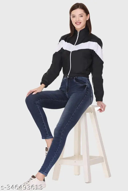 Black colorblocked nylon jacket, trendy designer Women's windcheater perfect for rainy days and partywear