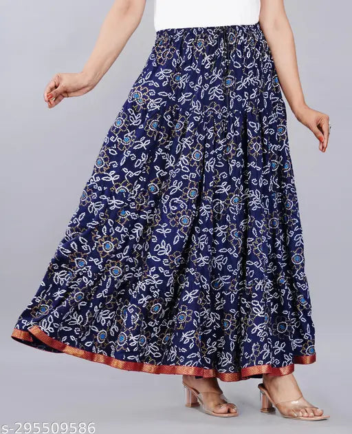 Printed rayon long skirt for women, party wear or casual wear, available in multiple sizes from 34 to free size