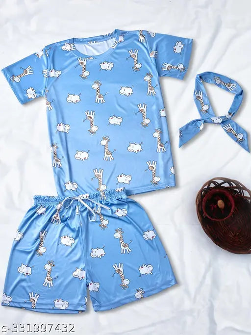Giraffe print silk pajama set (T-shirt, shorts): soft, shiny, luxury sleepwear with drawstring waistband