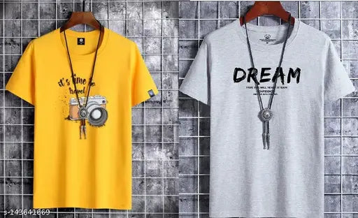 Multicolored cotton t-shirt combo for men, short sleeves, printed net pattern, two pieces in sizes M, L, XL (India origin)