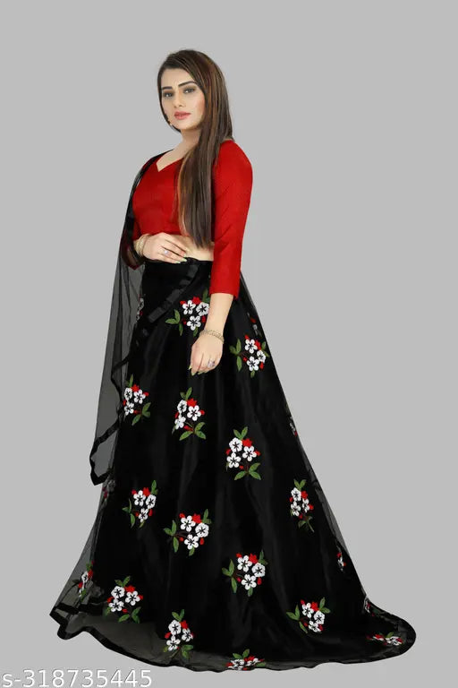 Black satin and net embroidered semi-stitched Lehenga Choli with a floral dupatta, Indian bridal wear for weddings or festivals