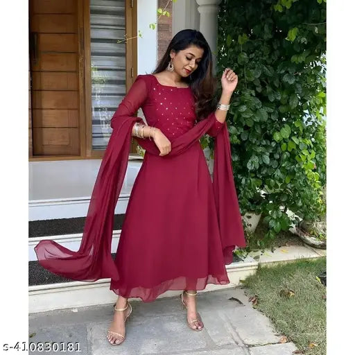 Maroon Georgette Embroidered Gown with Mirror Work, heavy fox fabric and three-quarter sleeves, Indian traditional wear for XL, XXL, XXXL sizes