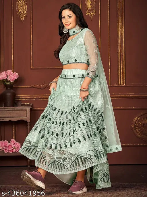 Banarasi embroidery lehenga with net dupatta and unstitched blouse in free size up to 2XL, Indian designer wedding wear