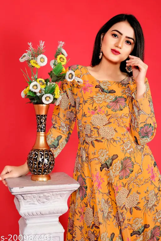 Digital printed Georgette gown-long kurti, Indian designer one-piece with three-quarter sleeves, slight color variations due to camera reflection