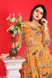 Digital printed Georgette gown-long kurti, Indian designer one-piece with three-quarter sleeves, slight color variations due to camera reflection