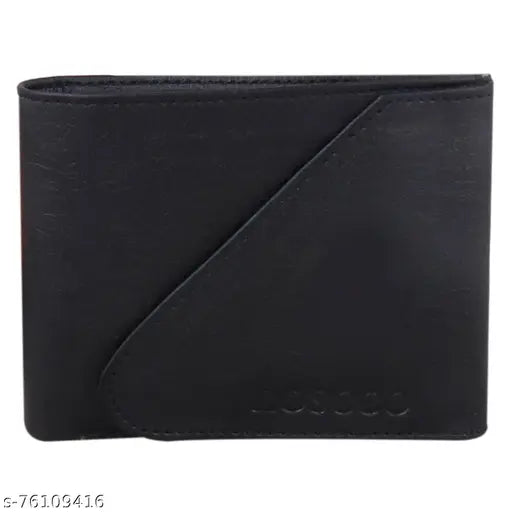 Faux leather black wallet with 2 compartments, modern design, perfect for men or gifts. Solid color, stitching detail, matte finish exterior. Made in India
