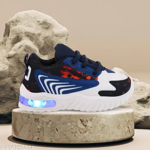 Kids LED Shoes T202 Blackred: Lightweight EVA sole, breathable mesh, color-changing lighting effect, ideal for outdoor sports, little tiny kid shoes with lace-up fastening