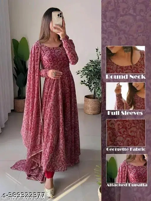 Georgette Anarkali gown with dupatta, printed net pattern, long sleeves. Indian women's fashion wear on mannequin