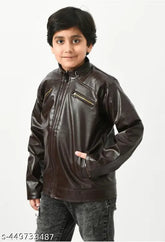 Leather kids' winter jacket, solid design, perfect for 2-3 years, edgy style, made in India